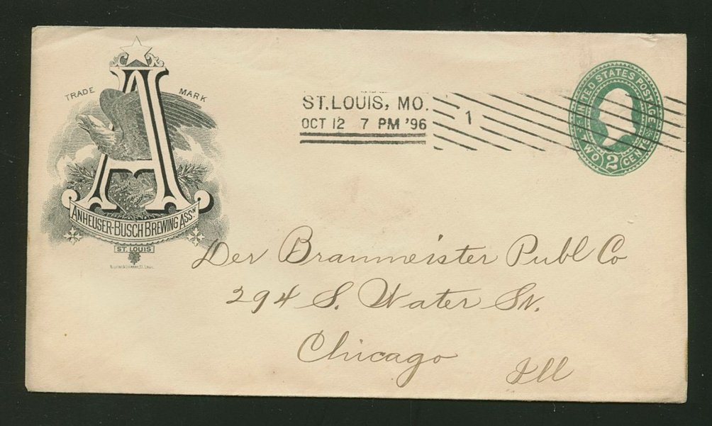 Anheuser Busch - 1896 October 12 cover from St. Louis to Chicago